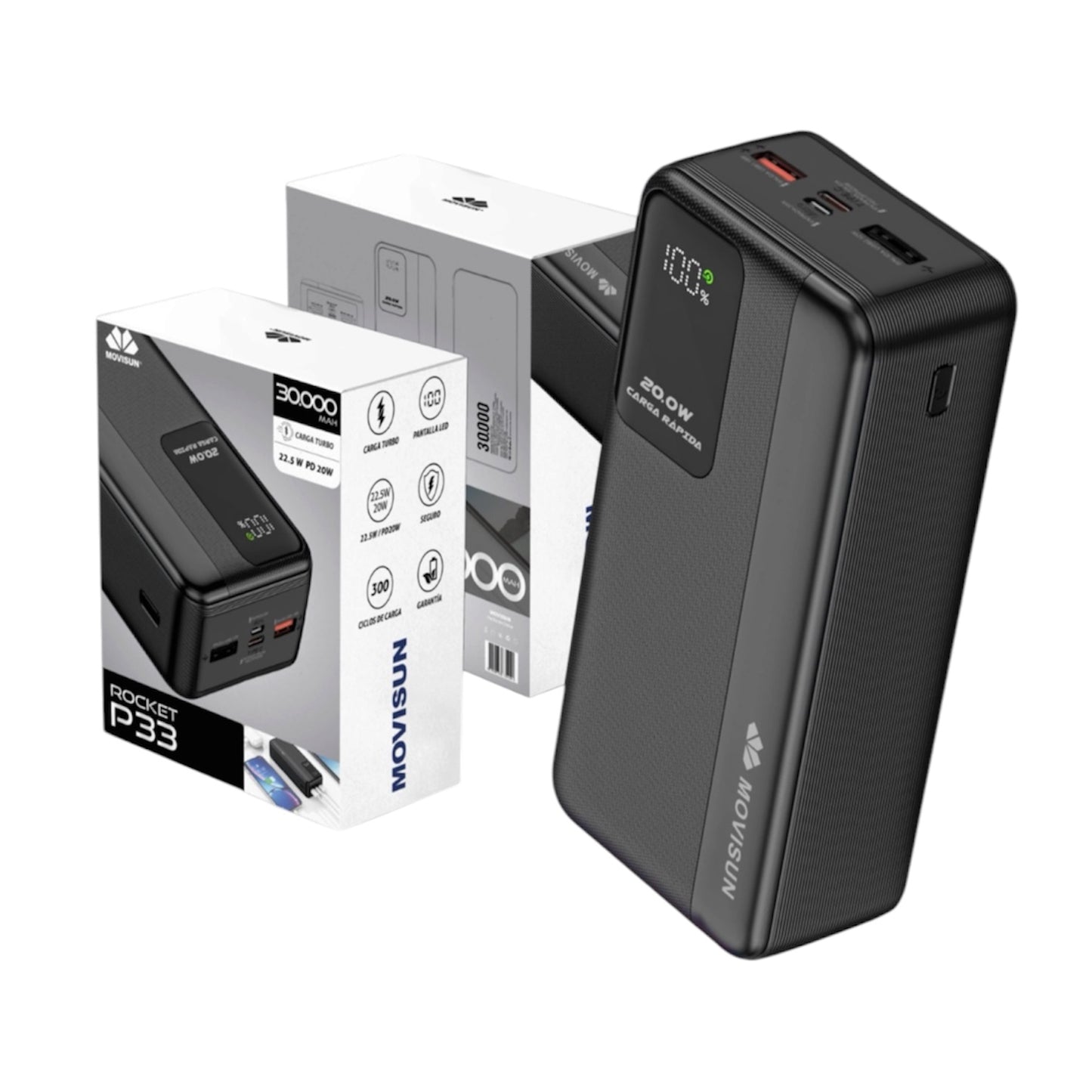Power Bank Movisun Rocket P33 Carga Rápida 30.000 mAh, incluye Cargador